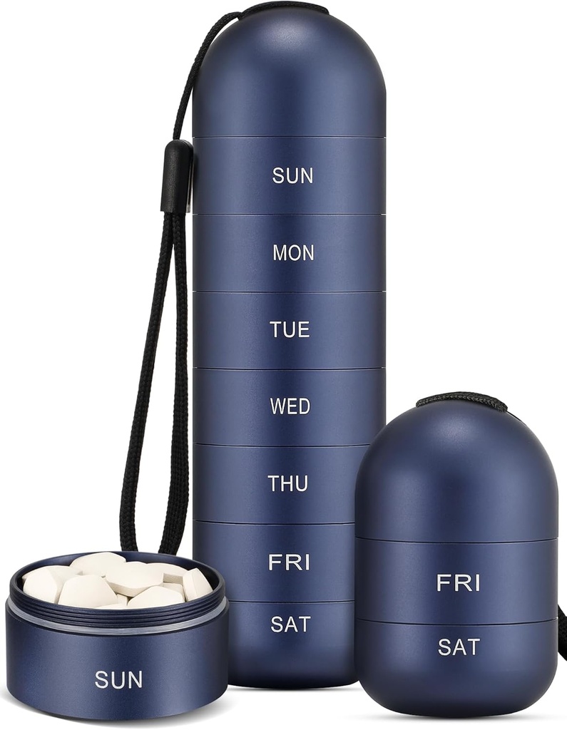 Zannaki Metal Moisture Proof Weekly Pill Organizer, Stackable Aluminium Alliage BPA Voyage libre Randonnée 7 jours Pill Box Case étanche et grand compartiment pour tenir les pilules, vitamines, huile de poisson, suppléments