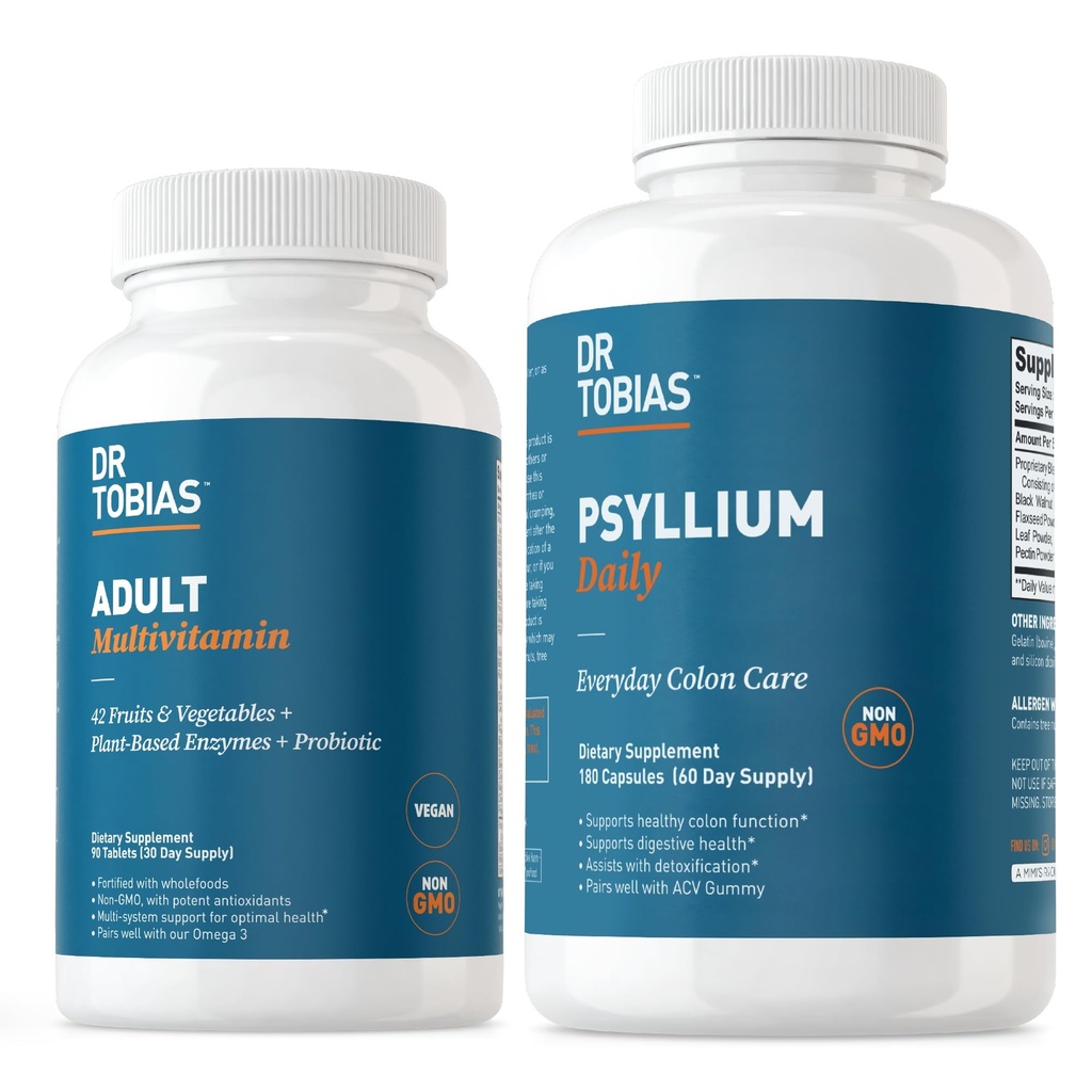 Dr. Tobias Adult Multivitamin & Psyllium Daily Supports Energy, Immunity & Healthy Bowel Movements with 42 Fruits & Vegatables, Psllium Husk, Bentonite Clay, Flaxseed & Natural Ingredients
