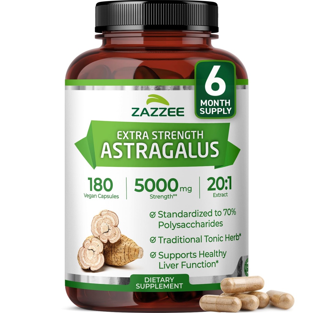 Zazzee Extra Strength Astragalus Wurzel 20:1 Extrakt, 5000 mg Stärke, 70% Polysaccharide, 180 Vegan Kapseln, 6 Monate Versorgung, 100% vegetarisch, Standardisiert und konzentriert 20X Extrakt, Non-GMO