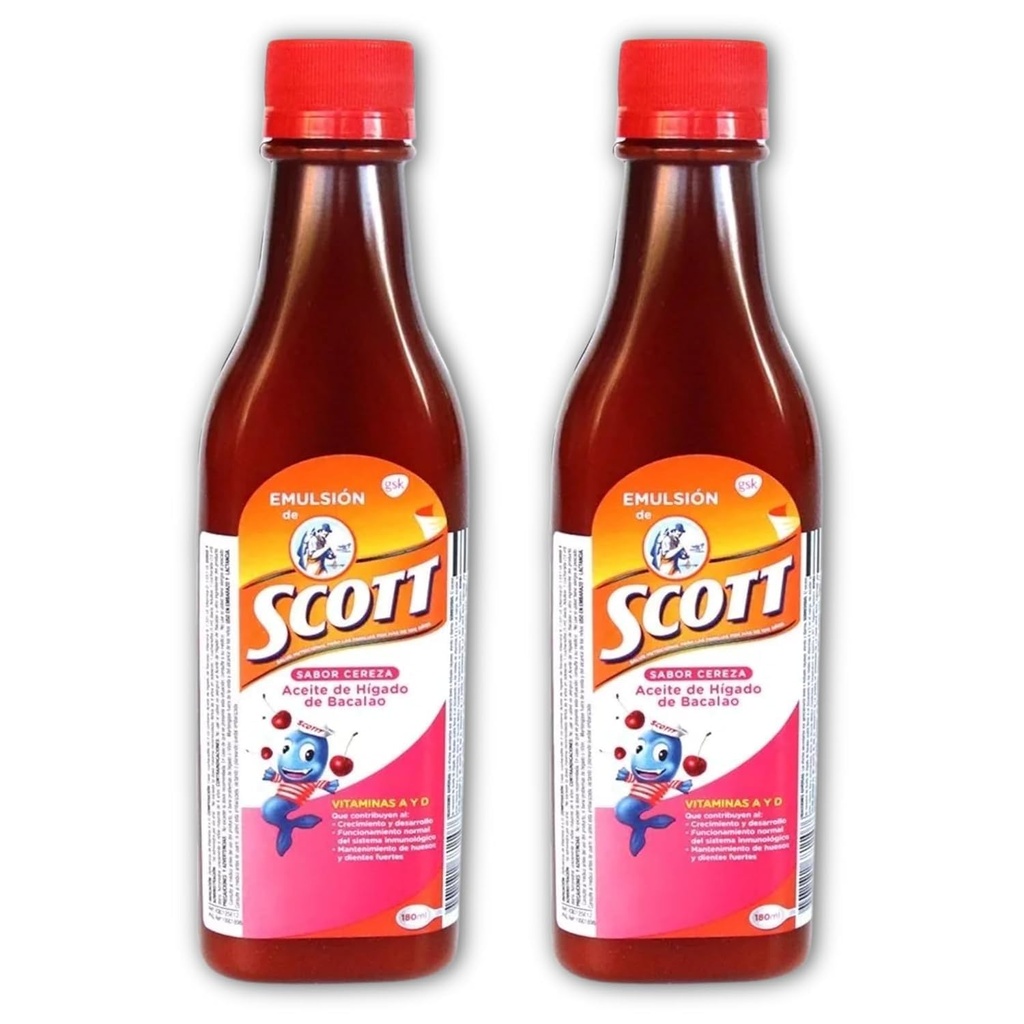 Emulsion de Scott Aceite de hígado de bacalao sabor Cereza - pack de 2 de 6.1 fl oz - 180 ml - Suplemento dietético para niños con vitamina A y calcio.
