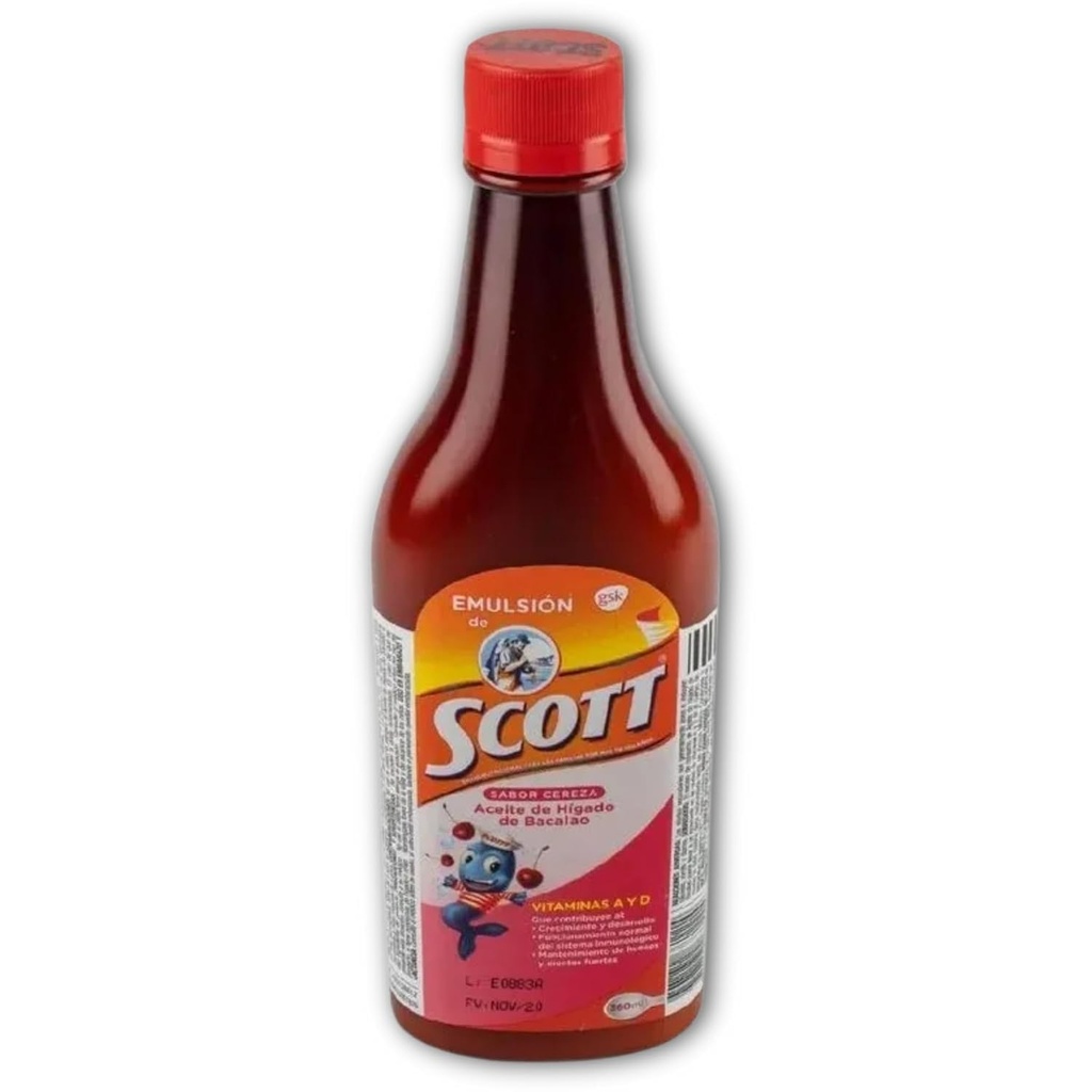 Emulsion de Scott Sabor Cereza (Cherry) (360 ml - 12.17 Fl Oz) Aceite de hígado de bacalao con vitamina A y Calcio, suplemento dietético para niños