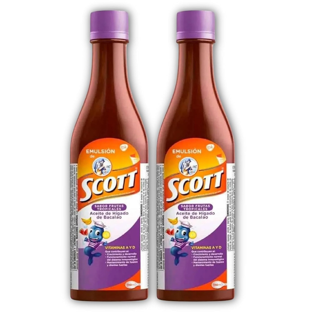 Emulsion de Scott Aceite de hígado de bacalao sabor Frutas Tropicales Pack de 2 de 6.1 fl oz - 180 ml - Suplemento dietético para niños con vitamina A y Calcio