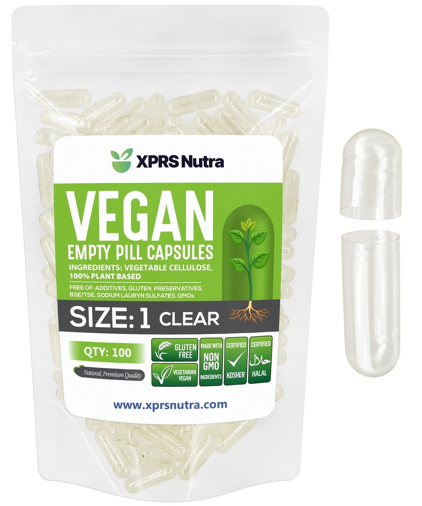 XPRS Nutra Taille 1 Capsules vides - 100 Compter Capsules vides de végétalien - Pilules végétariennes - Garniture de capsules végétales bricolage- Bouchons de pilules pour les suppléments Do-It-Youlf