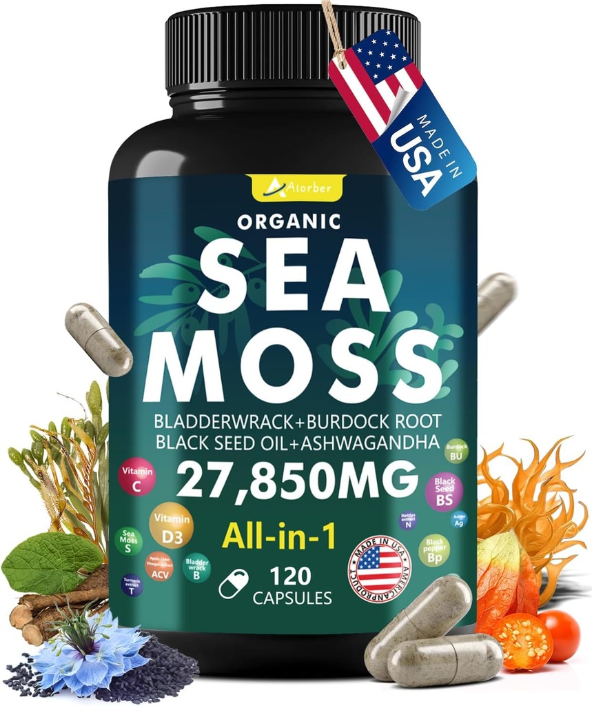 Sea Moss Capsule Complex mit Sea Moss, Black Seed Oil, Aşhwagandha, Ginger & Vitamins C, D3-120 Kapseln,Superfood-Ergänzungen - Advanced Seamoss Pills, Wild Sea Moss Pills Pills, Made in USA