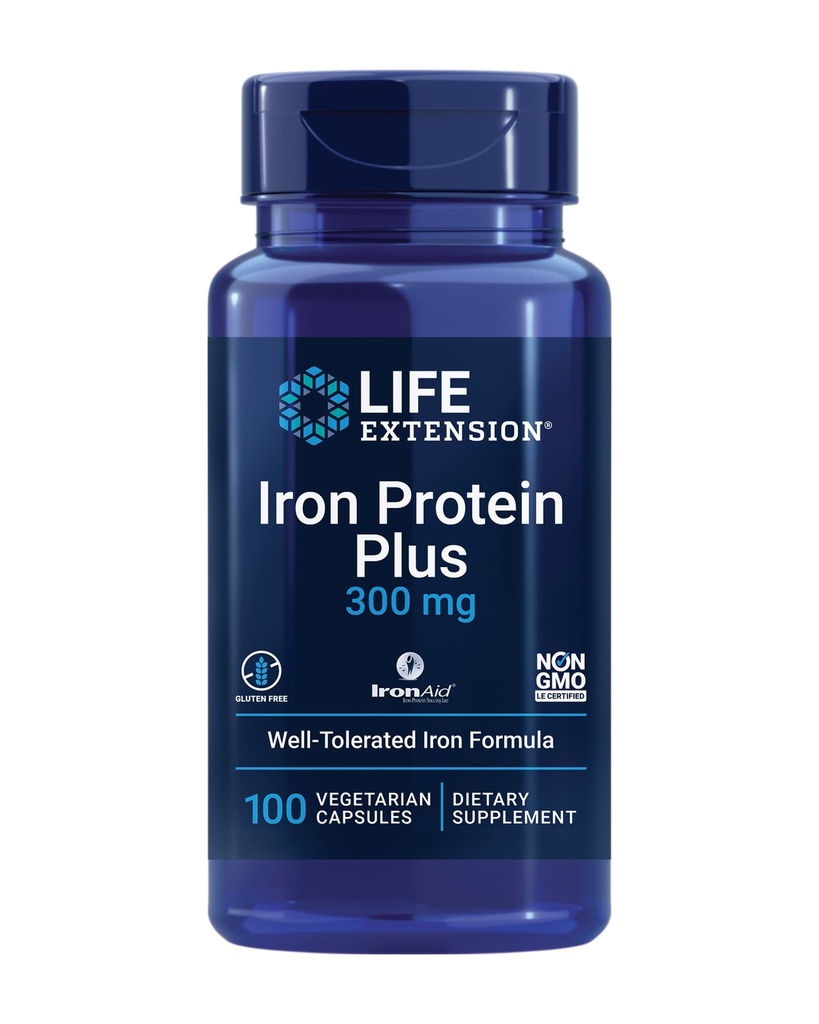 Life Extension Iron Protein Plus, Iron Protein succinylate, absorbable Iron Supplement for Whole-Body Health, Non-GMO, Gluten-Free, Vegetarian, 100 Capsules