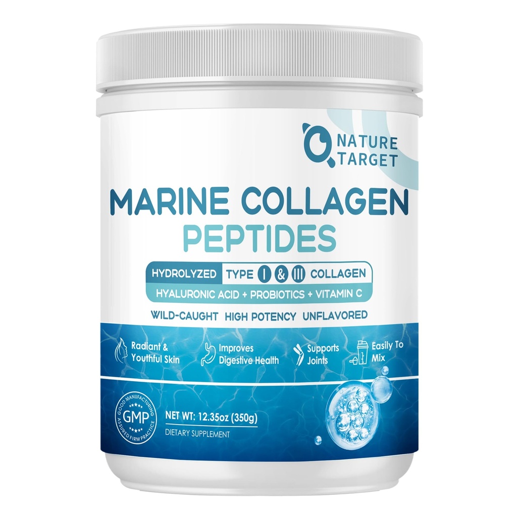 NATURE TARGET Marine Collagen Peptides Powder - Type I & III Collagen with Probiotics, Vitamin C & Hyaluronic Acid for Skin, Hair, Nails, Wild-Caught Fish & Grass-Fed Bovine, 35 Servings