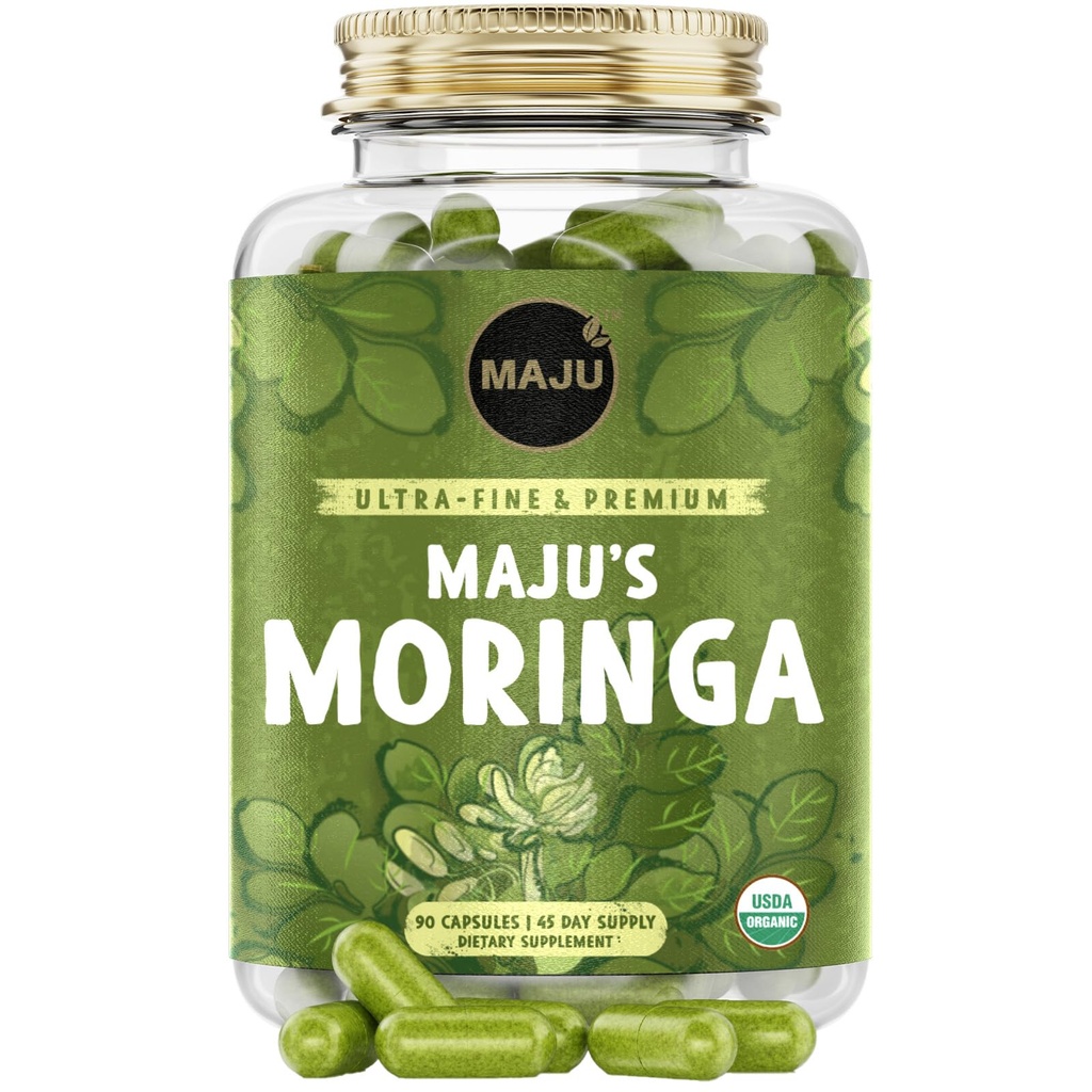 Maju Superfoods Capsules de Moringa Biologique, Feuille d'Oleifera, Feuilles de Moringa de qualité extra-fine, Feuilles de drumstick séché, Capsules de supplément d'extrait de poudre de Moringa Biologique de la plante (90 ct)