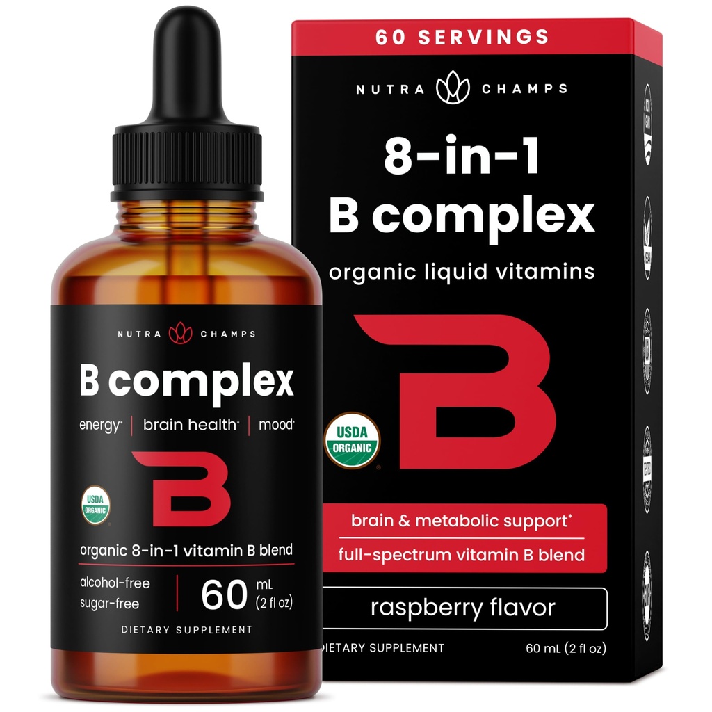 USDA Organic Vitamin B Complex Liquid Drops | B Vitamins Complex Supplement mit B1, B2, B3, B6, B7, B9 & Methyl B12 Tropfen für Erwachsene & Kinder | Vegan Berry Flavor 2oz | 60 Portionen / 2 Monate Versorgung