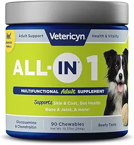Vetericyn All-in 1 Multifonctional Dog Supplement : Enzymes digestifs + Glucosamine et Chondroïtine pour le soutien des os et des articulations + vitamines, antioxydants, prébiotiques, probiotiques et omégas. 90 Compte