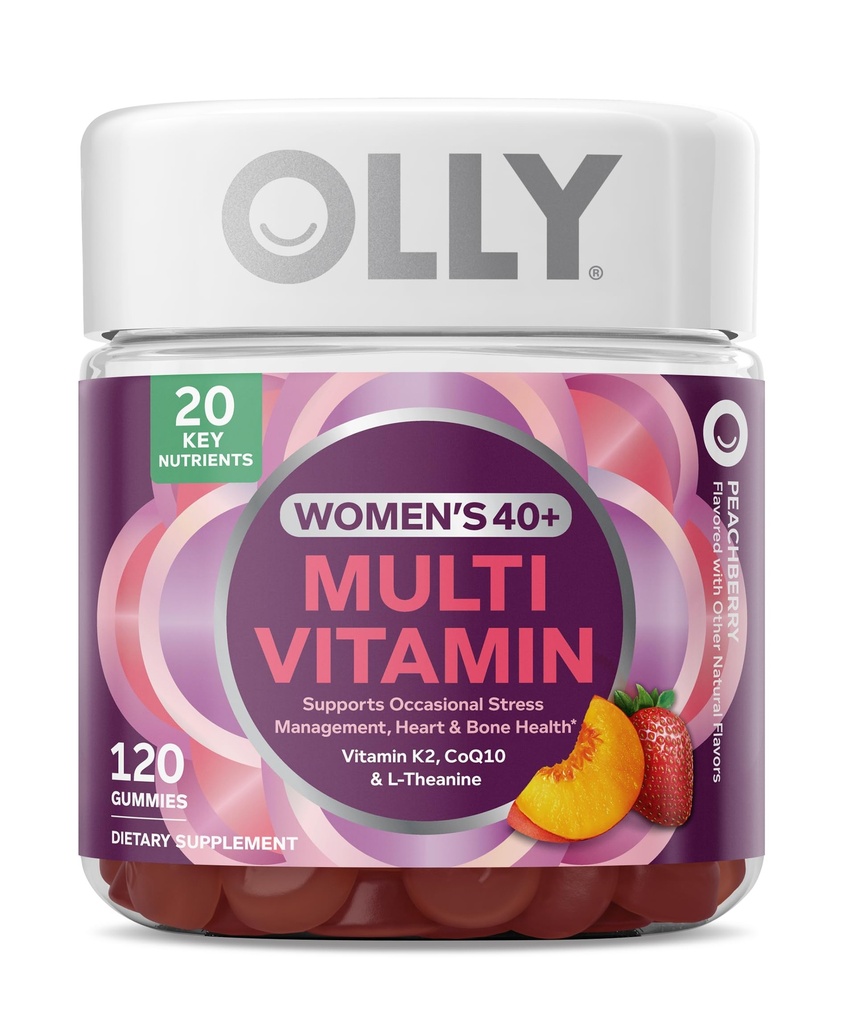 OLLY Women's 40+ Multi Gummies, 20 Key Nutrients Plus Vitamin K2, CoQ10, L-Theanine, Chewable Gummy Supplement, Peach Berry Flavored, 45 Day Supply - 120 Count