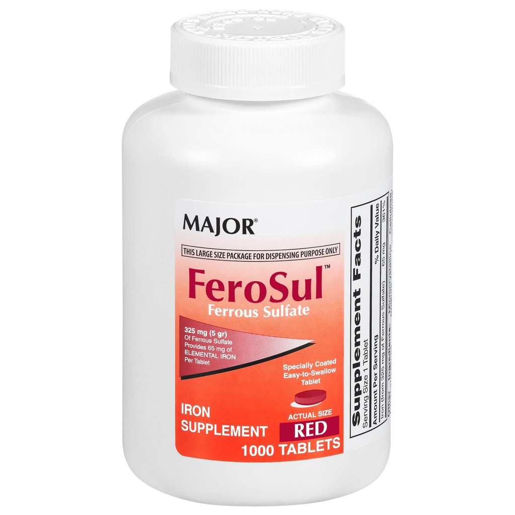 Major FeroSul - Eisensulfat 325 mg Tabletten - Eisen Beilage für Damen und Herren - Speziell beschichtete Easy-to-Swallow Tabletten - Rot - 1000 Graf