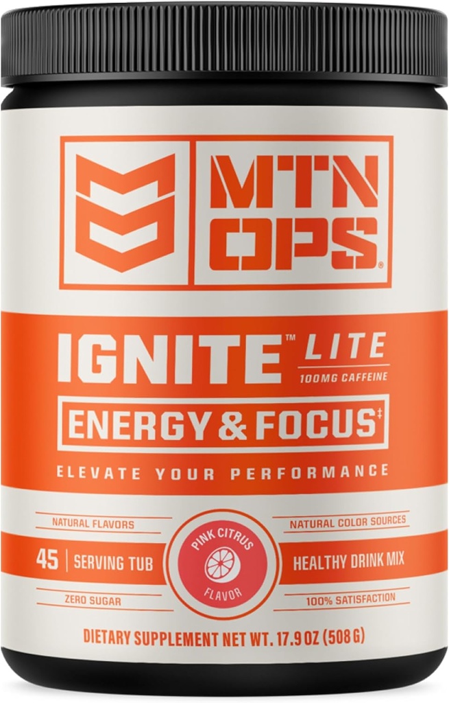 MTN OPS Ignite Lite Energy Drink Powder Gluten Free Nitric Oxide Supplement Drink Mix, L Arginina, L Citrullina, Caffeina & Nootropic Sugar Free Drink Mix, 45 Serve, Citrus rosa