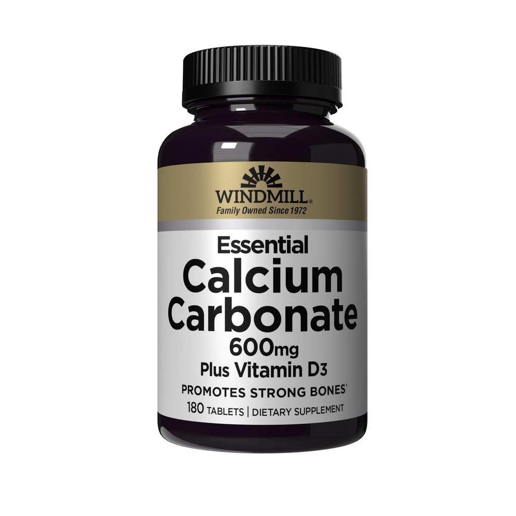 Windmill Natural Vitamins Essential Calcium Carbonate 600mg with Vitamin D3, Calcium and D3, Gluten Free, 180 Tablets