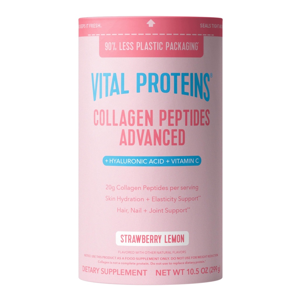 Vital Proteins Collagen Peptides Advanced, Hydrolyzed Peptides with Hyaluronic Acid and Vitamin C - Strawberry Lemon Flavor Powder, 10.5oz