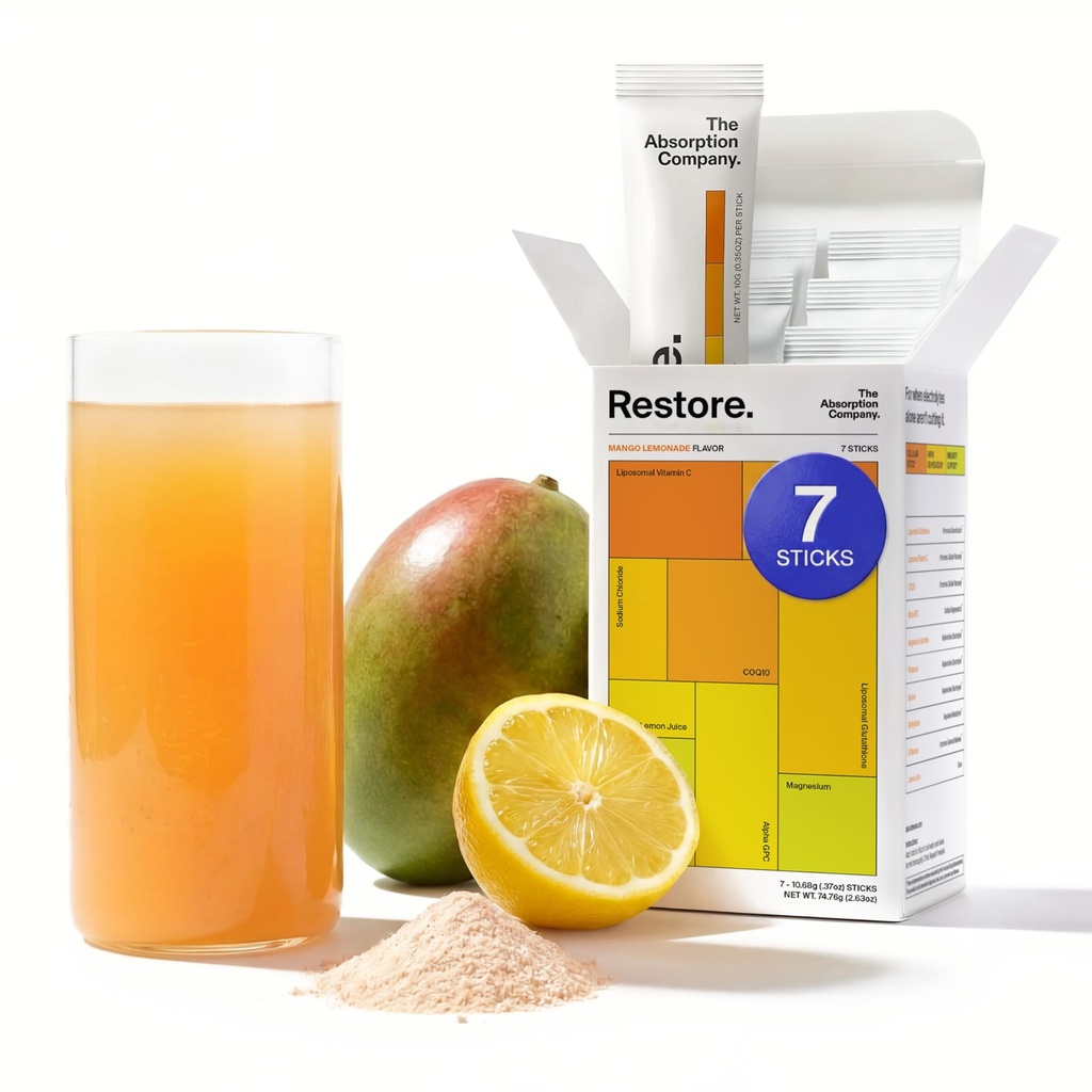 The Absorption Company Electrolyte Powder Packets - Workout Recovery & Hydration Drink Mix with Liposomal Glutathione, Vitamin C & Methylated B Vitamins - Mango Lemonade (7 Sticks)