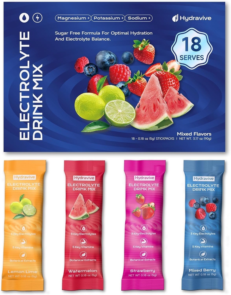 Hydration Electrolyte Powder 18 Packs – Sugar Free Liquid Daily IV Drink Mix | 1,000mg Total of 5 Electrolytes, 5 Vitamins | Ashwagandha, L-Theanine | Non-GMO (Variety)