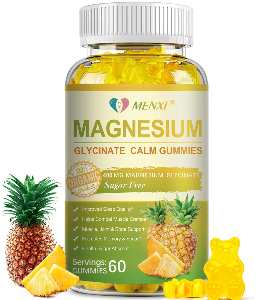 Magnesium Glycinate Gummies 400mg, Sugar Free Magnesium Taurate, Malate Supplement mit Vitamin D, B6, CoQ10 für Entspannung, Stress Relief, Muskel, Knochen & Schlaf Unterstützung- 60 Ananasgummis
