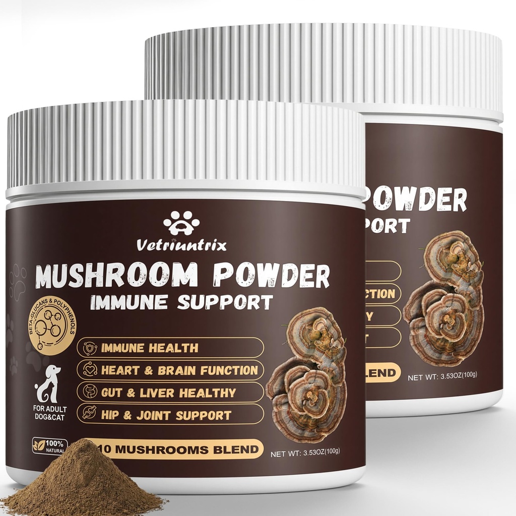 Organic Turkey Tail Mushroom for Large Dogs - Over 50% Beta Glucan - 10-in-1 Mushroom Powder for Immune & Gut Support - Dog Mushroom Supplements for Lumps and Bumps - Chicken Flavor, 200g