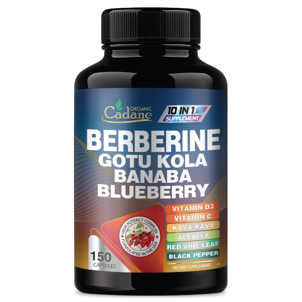 Cadane Premium Berberine Extract - Berberine Supplement 10in1 con Gotu Kola, Banaba Leaf & More - 150 capsule per il supporto del sistema di immunità e digestione