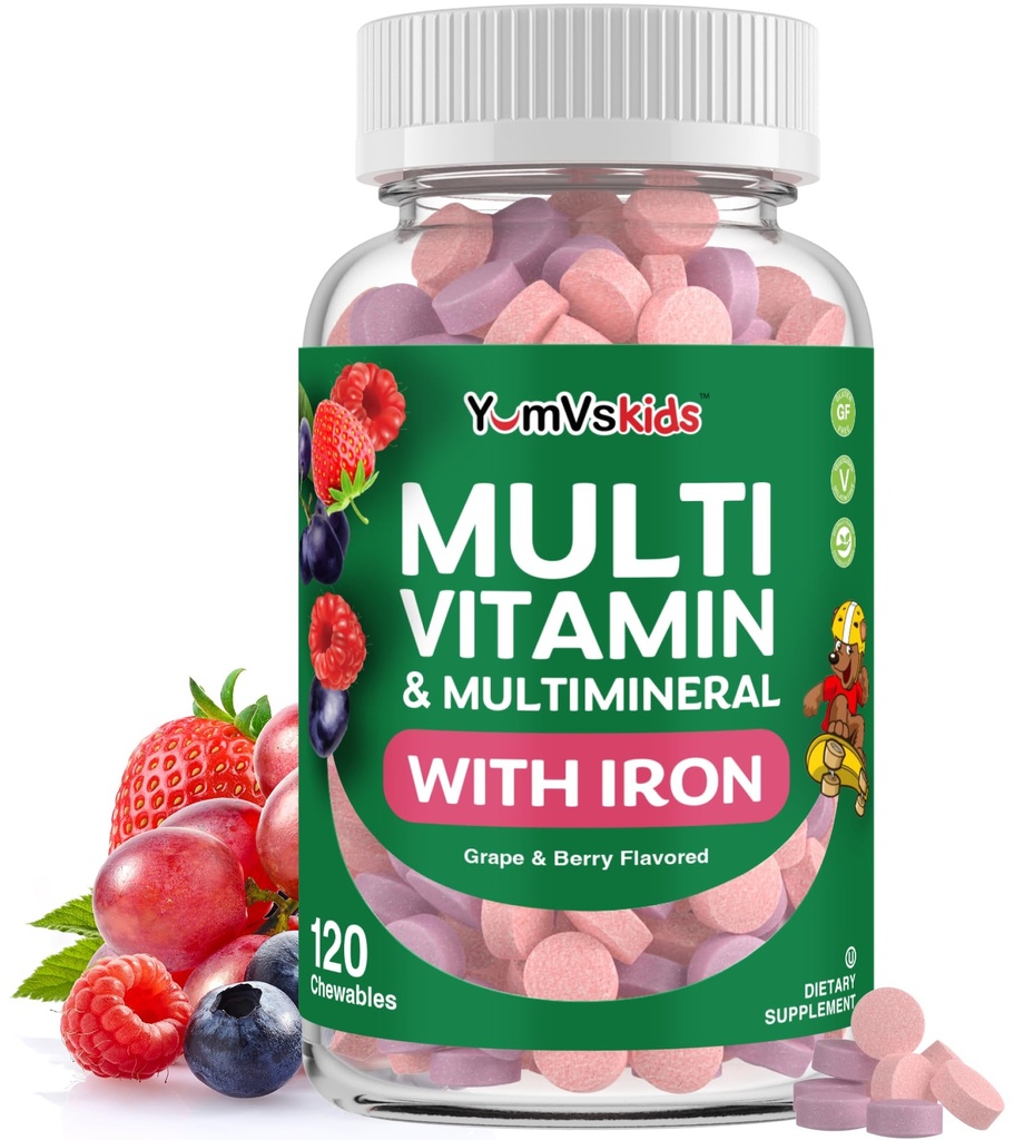 YumVs Kids Multivitamin mit Eisen & Minerals Kautabletten – Grape & Berry Flavor Vitamine für Kleinkinder & Kinder Alter 2+ – Daily Multivitamin for Immune Support – Kosher, Non-GMO – 120 Chewables