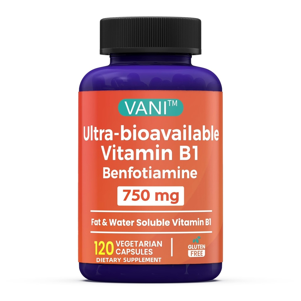 VANI 750MG Benfotiamine con B1, 5X tempo grasso & acqua solubile Thiamine B1 supplemento – Terze Parti testato, No Gluten (120 capsule)