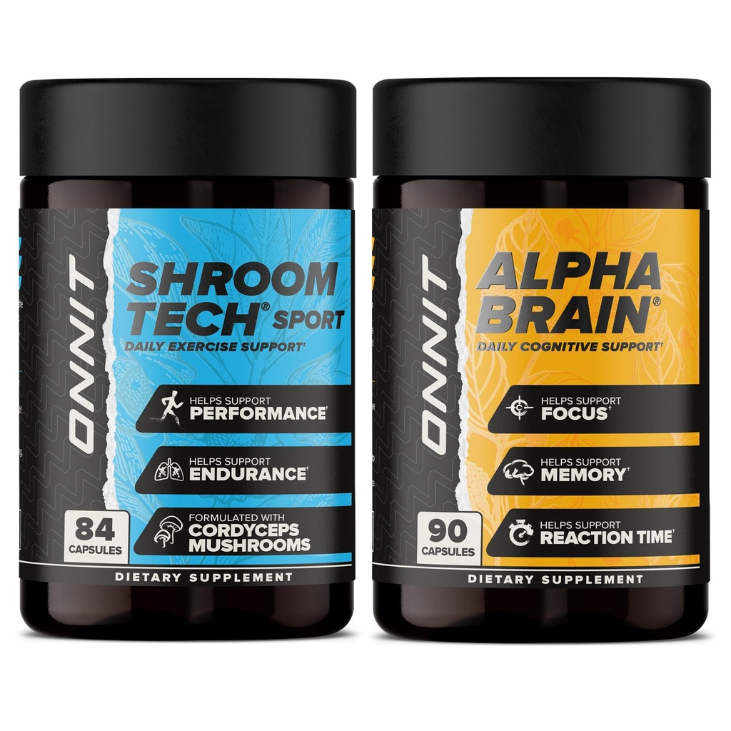 ONNIT Cognitive & Endurance Performance Bundle: Alpha Brain Nootropic Capsules (90 Count) + Shroom Tech Sport Capsules (84 Count), IGEN Non-GMO Tested Focus & Endurance, Pack of 2