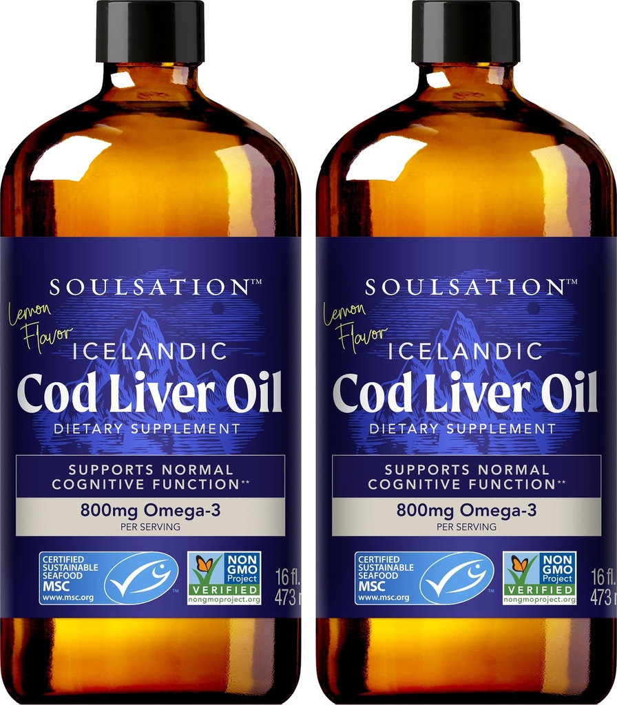 SOULSATION Icelandic Cod Liver Oil Liquid, Lemon (16oz - Pack of 2) - Vitamins A & D, EPA & DHA - Helps Vision, Skin Membranes & Immune Function - MSC Certified, Non-GMO