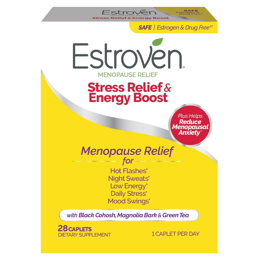 Estroven Stress Relief & Energie-Boost für Menopause Relief - 28 Ct. - Klinisch bewährte Inhaltsstoffe liefern Stress & Energie-Unterstützung + Nacht-Sweats & Hot Flash Relief - Drug-Free und Gluten-Free
