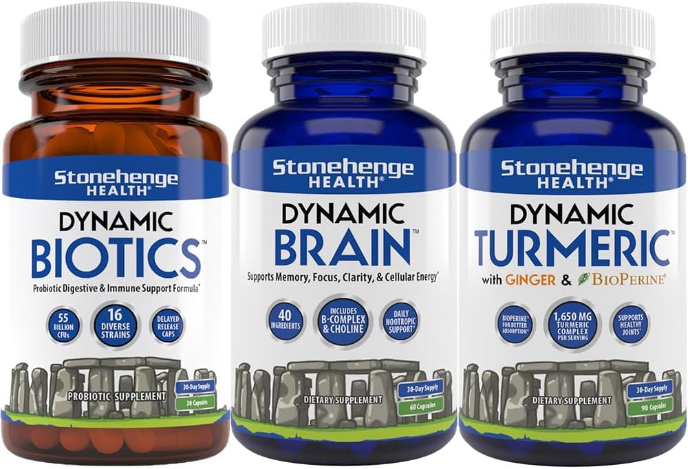 Stonehenge Health Dynamic Biotics Probiotic, Dynamic Brain, Dynamic Turmeric: Energie, Gelenke, Verdauung, kognitive Unterstützung, Gedächtnis, Fokus und Klarheit