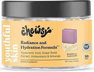 Pelle Gioventù Chewsy, Vitamine di Chews Fruity, Radiance & Hydration Formula, Acido Ialuronico, Estratto di semi di Uva, Antiossidanti & Minerali, Vitamine Raspberry Limonata Flavor 30-Day Alimentazione