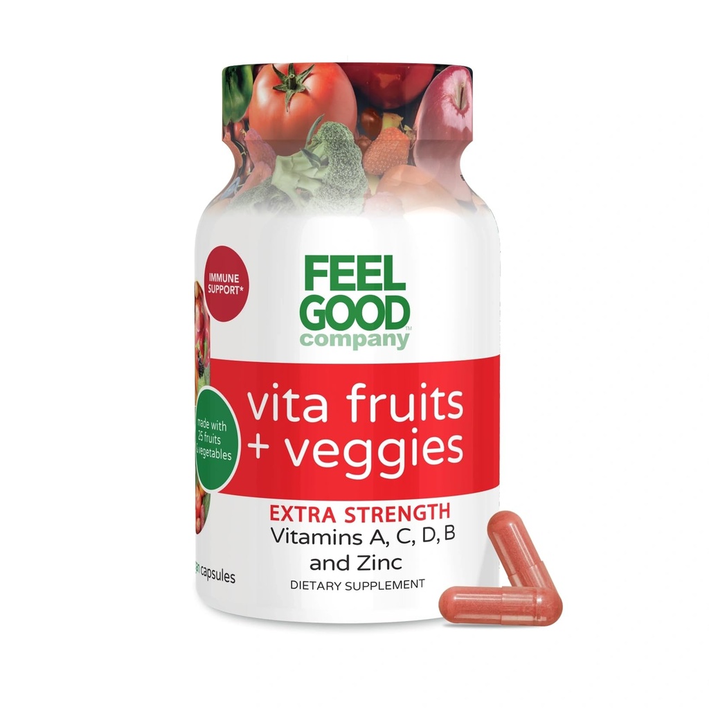 FeelGood Superfoods 1000mg Immununterstützung Kapseln hergestellt mit 25 Bio Obst und Gemüse, Starke Immunität Booster mit Vitaminen A, C, D3, und Zink, 60 Zähler
