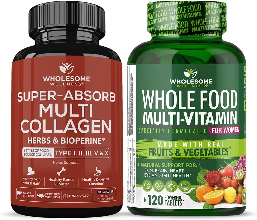 Ganzes Wellness Super-Absorb Multi Collagen Pillen (Typ I II III V X) Bio Kräuter und Bioperine + Ganzes Lebensmittel Multivitamin für Frauen - Natürliche Multi Vitamine, Mineralien, Bio-Extrakte Bundle