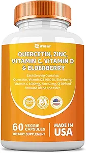 Quercetin 50 mg Zinc 1000 mg Vitamina C 5000 IU Vitamina D3 1000 mg Turmeric 1000 mg Elderberry con Q-Defend Immune Blend Reisshi Nettle Arteemisinina, Non OGM, Integratori minerali,60 capsule