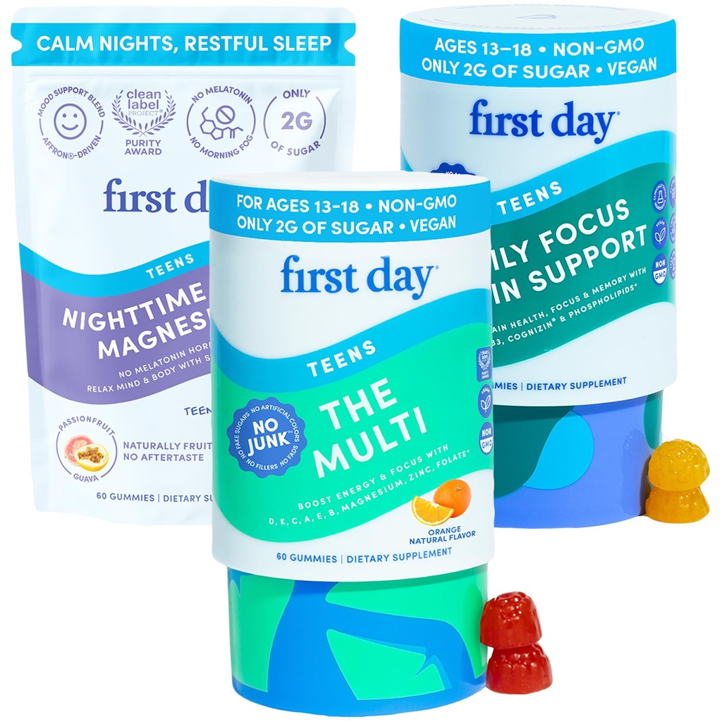 FIRST DAY Teen's Multivitamin, Calming Magnesium & Brain Focus Gummies | Daily Nutrients, Mood, & Focus | Clean Label Project Verified® | Vegan | 30-Day Supply