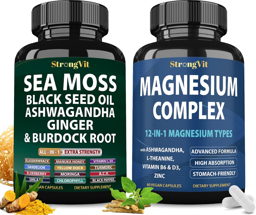 StrongVit Sea Moss Supplement & Magnesium Complex Bundle (120 Capsules)