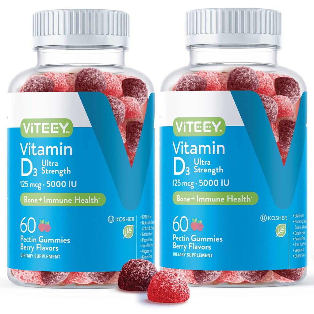 Viteey Vitamin D3 Gummi für Erwachsene & Teens - 5.000 IU, 125mcg, Ultra Strength - Gelenk & Muskel-Gesundheit, Immun-Boost - Kaubare Vitamin D Gummis - Vegetarisch, Gelatin kostenlos - Tasty Berry Flavored