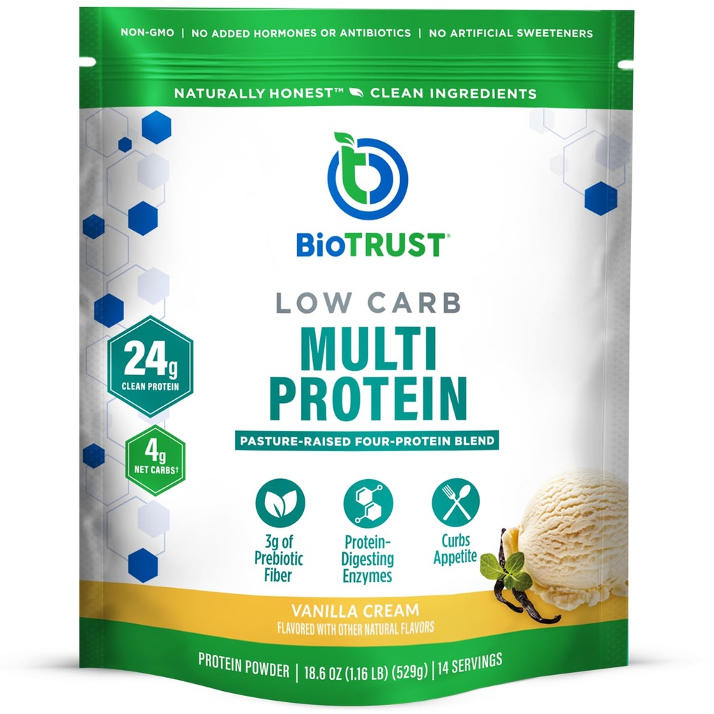 BioTrust Low Carb Protein Pulver – Natürliche und leckere Whey & Casein Mischung aus Grass-Fed Hormon Free Cows – Non GMO, Soy Free, Glutenfrei, Hormonfrei (Vanilla)
