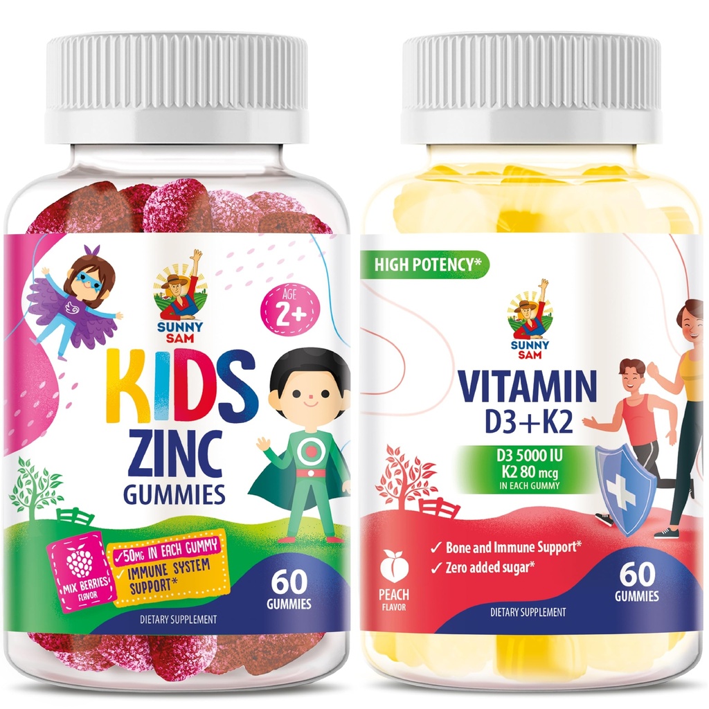 SUNNY SAM Vitamin D3 K2 Gummies 5000 IU - Immune & Bone Support - Sugar-Free & Zinc Gummies for Kids & Adults