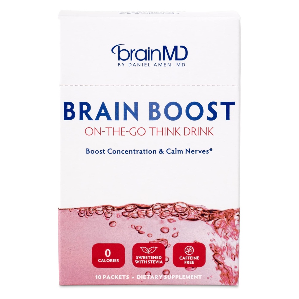 BRAINMD Dr Amen Brain Boost On The Go - 10 Packets, Berry Flavor - polvere di bevanda nootropica, promuove messa a fuoco, Clarity & Mental Energy - Caffeina Free, Gluten Free - 10 Serve