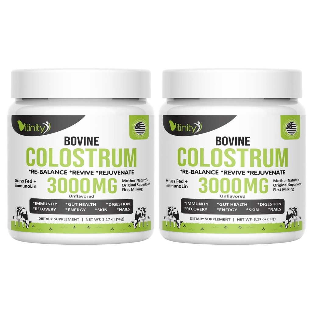 VITINITY Grass Fed Bovine Colostrum Powder for Humans 3000 mg - Natural IgG Colostrum Supplement Gut Health, Immune Support, Muscle Recovery, Wellness | Pure Colostrum Superfood,Unflavored 2 Pack
