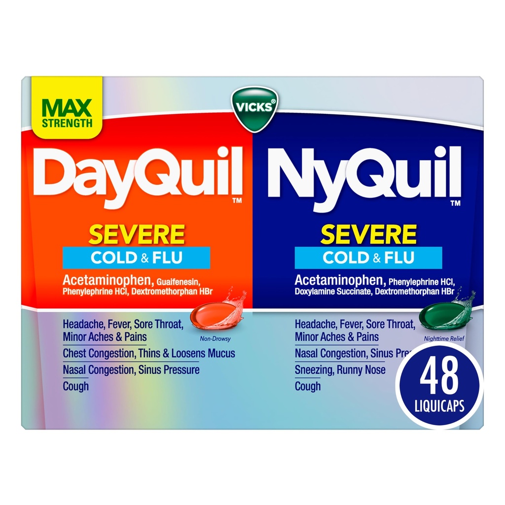 VICKS DayQuil & NyQuil SEVERE Co-Pack, Kalt & Flu Medizin, Leistungsstarkes Relief für Kopfschmerzen, Fever, Sore Throat, Minor Aches & Pains, Congestion, Sinus Pressure, Stuffy Nose und Cough, 48 LiquiCaps