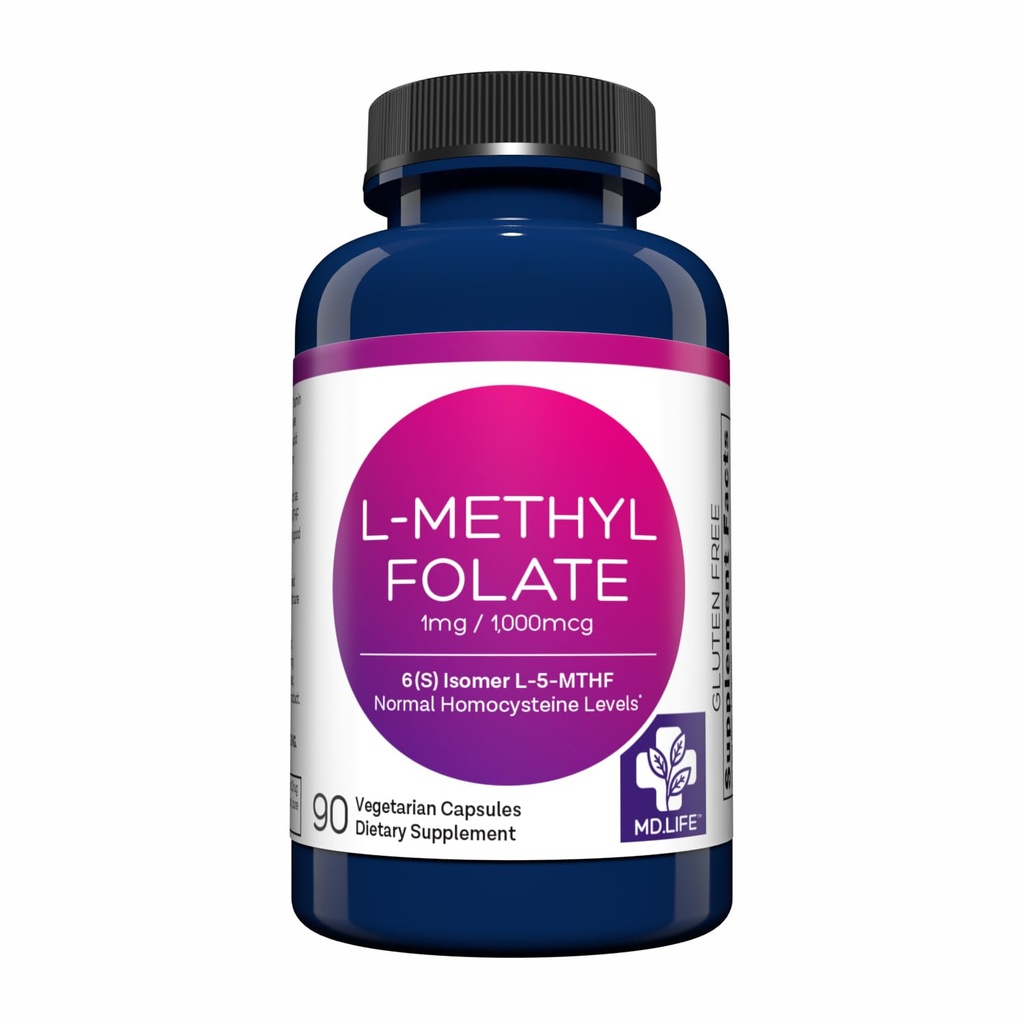 MD Life L-méthylfolate 1 mg Supplément - Supplément de méthylfolate actif de catégorie professionnelle - 90 capsules - L-méthylfolate 1mg - Potence maximale MTHFR W/ Acides aminés essentiels