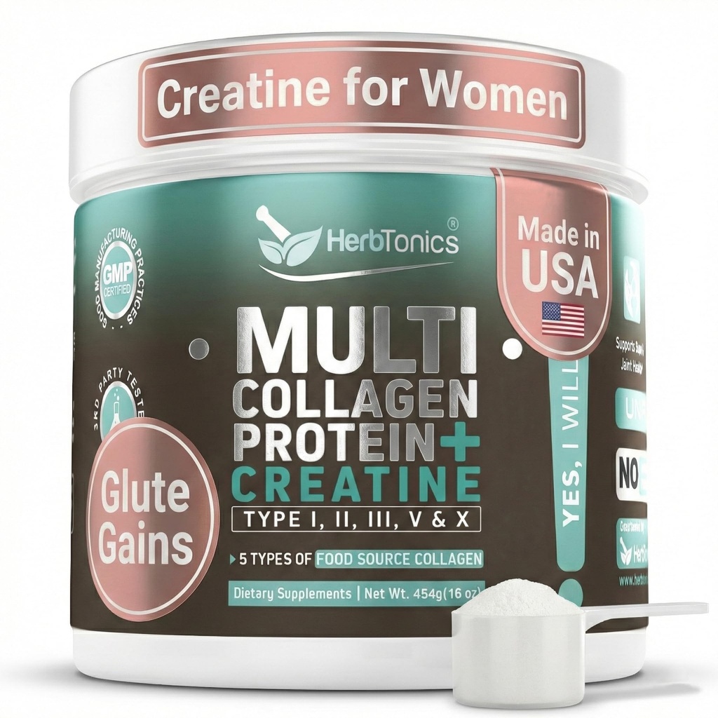 Creatina di erbe per le donne 5000mg Creatina Monoidrato + Multi Collagen Protein Powder (Tipo I, II, III, V, X) – Muscolo magro, Recupero & Skin Support – Grass-Fed, No Bloat, Unflavored – 30 Serve