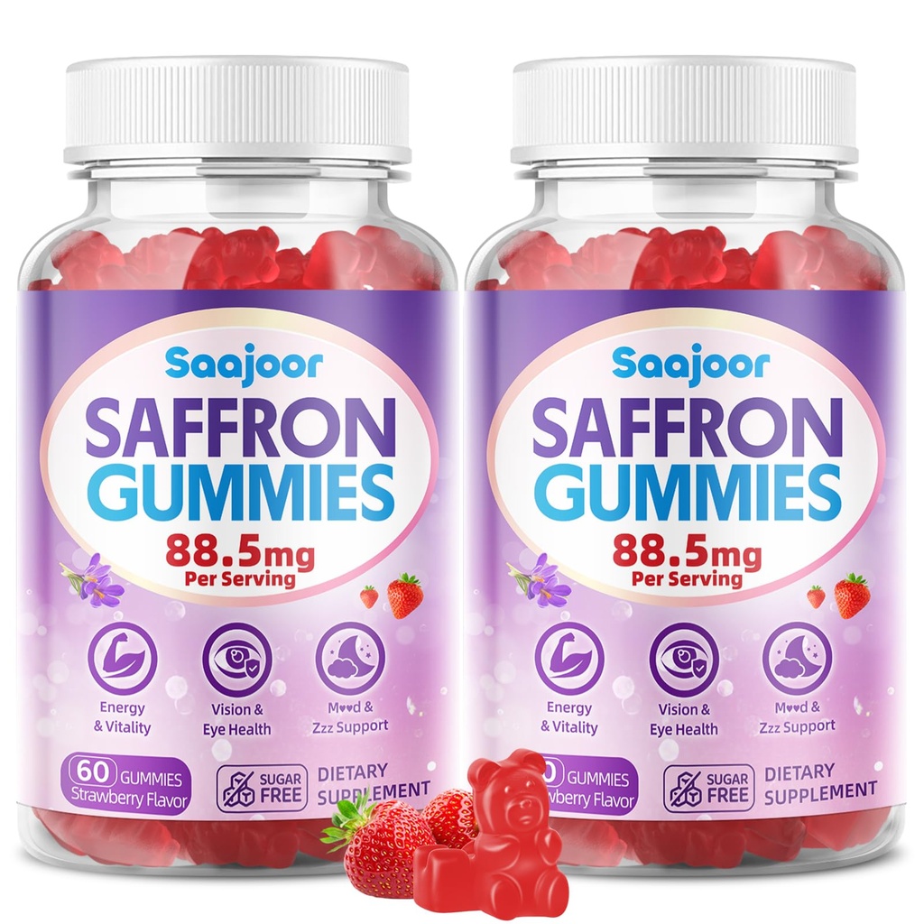 Saffron Gummies for Adult Kids - with Saffron 88.5mg, Vitamins D3 & B6, Magnesium, Zinc, Ashwagandha, L - Theanine, St. John's Wort - Supports Mood & Focus, Strawberry Flavor, 120 Count