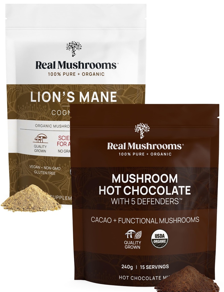 Mushrooms Mushrooms Hot Chocolate Mix (15 Servings) e Lion’s Mane (60 Servings) Polvere Bundle - Mushroom Powder Supplement per il supporto giornaliero di immunità e cognizione - senza glutine, non OGM, Vegan