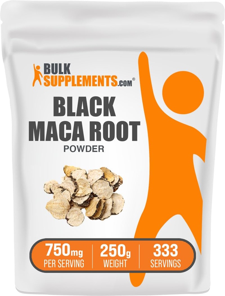BulkSupplements.com Polvere di maca nera - Supplemento di radice di maca nera, supplemento di erbe per gli uomini e le donne - Vegan, senza glutine, 750mg per porzione, 250g (8.8 oz) (pacchetto di 1)