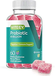 Viteey Probiotic Gummies for Women, Men, & Teens - Forza massima 10 miliardi di celle - Probiotici per la salute digestiva, Supporto immunitario - Vegetariano, Gelatin Free, OGM Free - Aroma di bacche masticabili