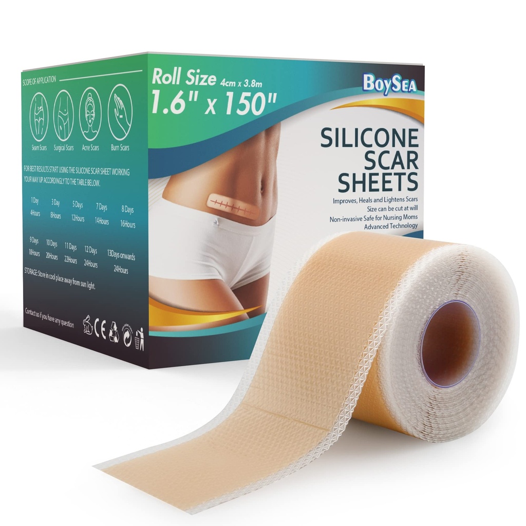 Professionelle Silikon Narbenblätter (1.6" x 150" Scar Roll-3.8M) - Narbenentfernung Behandlung - wiederverwendbare Silikon Narbenstreifen Typ für Keloid, C-Section, Chirurgie, Burn, Acne et