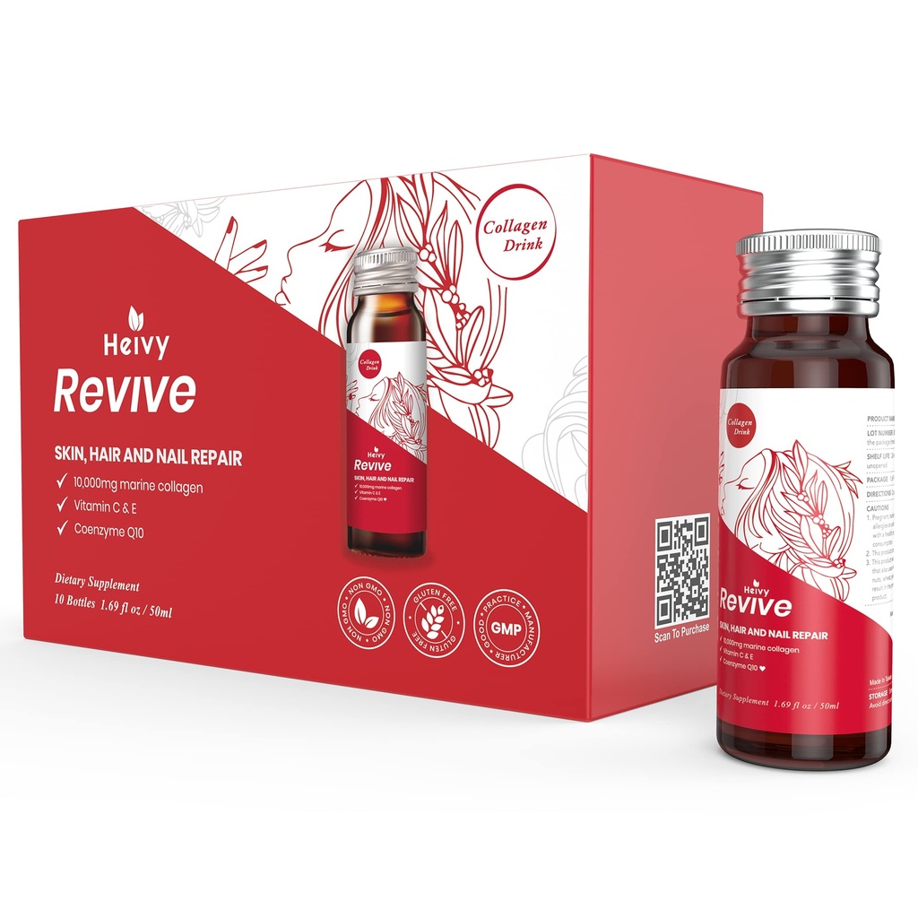 Heivy Liquid Collagen for Women, Collagen Drink with 10,000mg Marine Collagen Peptides, Collagen Liquid for Women for Hair Growth, Skin Repair, Nail Strength, 1.69 Fl Oz (Pack of 10)