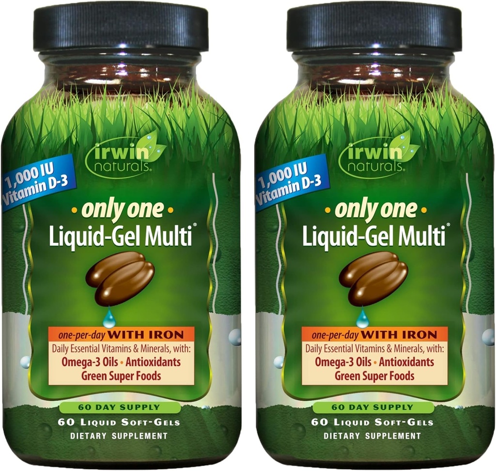 Irwin Naturals Only One Liquid-Gel Multi with Iron – 60 Liquid Soft-Gels – Complete Daily Nutrient Support - 2 Pack